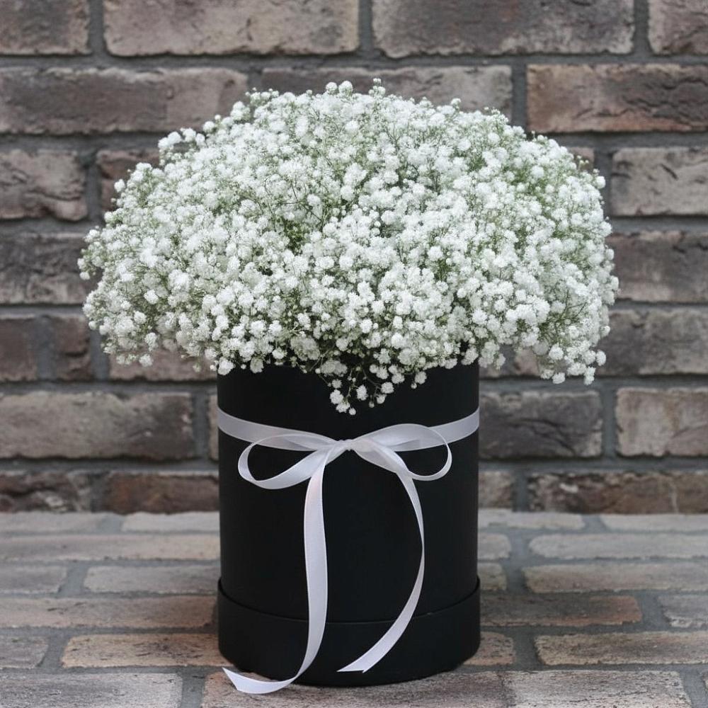 Цветочная композиция из Гипсофила в шляпной коробке в Иловле