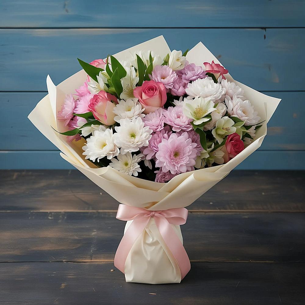 Букет цветов из: Хризантемы, Альстромерии и Розы в Иловле